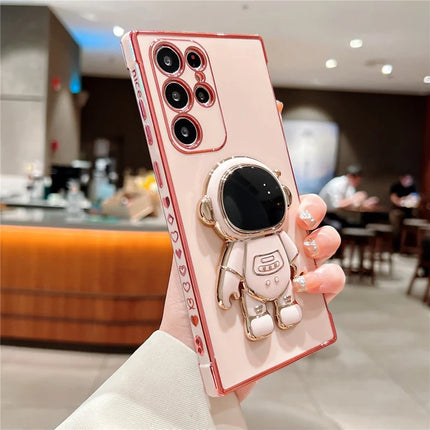 For Samsung Galaxy S23 Ultra Case Love Hearts Electroplating TPU Phone Cover with Astronaut Kickstand - Pink