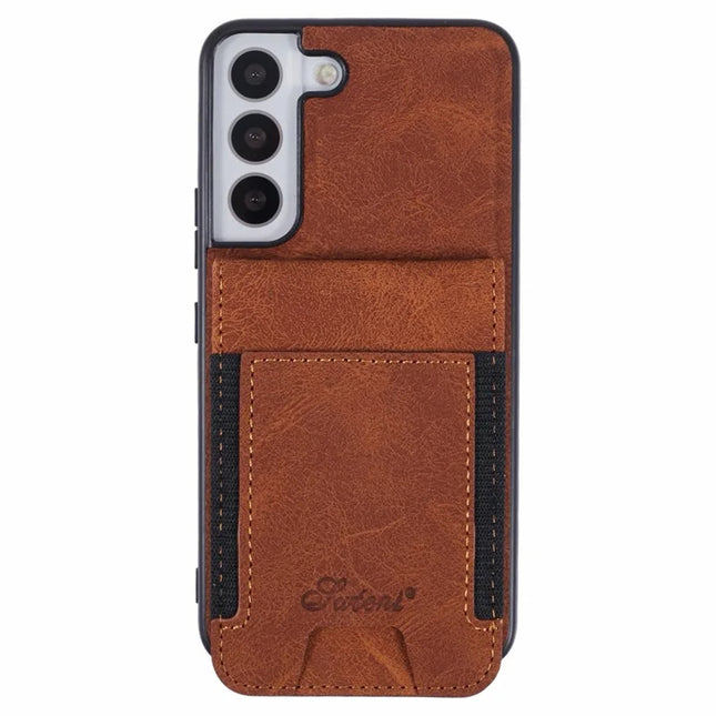 SUTENI H17 For Samsung Galaxy S22 5G Magnetic Case Card Slots Leather+TPU Kickstand Phone Cover - Khaki