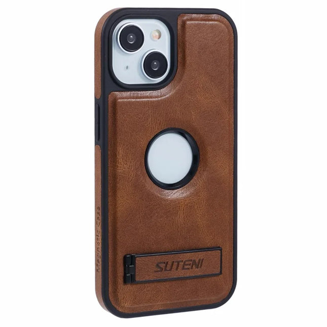 SUTENI G2 For iPhone 14 Magnetic Case Leather Phone Back Cover Waxy Texture Kickstand - Brown
