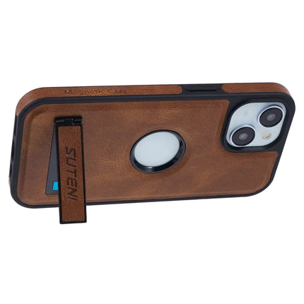 SUTENI G2 For iPhone 14 Magnetic Case Leather Phone Back Cover Waxy Texture Kickstand