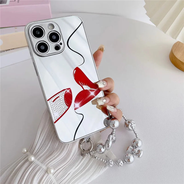For iPhone 15 Pro Max Case IMD Silver Finish TPU+PC Rhinestones Decor Phone Cover with Bracelet Chain - Lips
