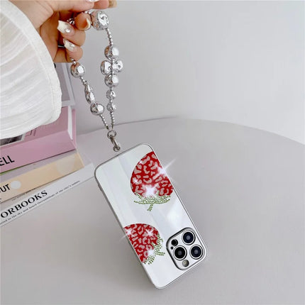For iPhone 15 Pro Max Case IMD Silver Finish TPU+PC Rhinestones Decor Phone Cover with Bracelet Chain