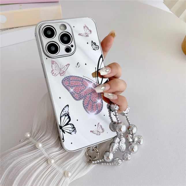For iPhone 15 Pro Max Case IMD Silver Finish TPU+PC Rhinestones Decor Phone Cover with Bracelet Chain - Butterflies