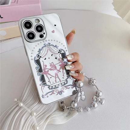 For iPhone 15 Pro Max Case IMD Silver Finish TPU+PC Rhinestones Decor Phone Cover with Bracelet Chain - Dancers