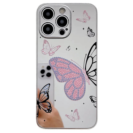 For iPhone 15 Pro Max Case IMD Silver Finish TPU+PC Rhinestones Decor Phone Cover - Butterflies