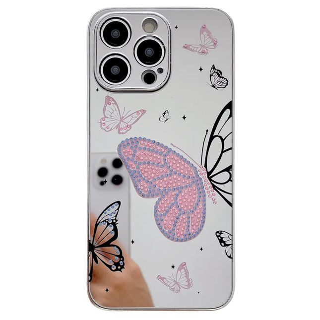 For iPhone 15 Pro Max Case IMD Silver Finish TPU+PC Rhinestones Decor Phone Cover - Butterflies