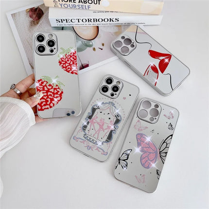 For iPhone 15 Pro Max Case IMD Silver Finish TPU+PC Rhinestones Decor Phone Cover