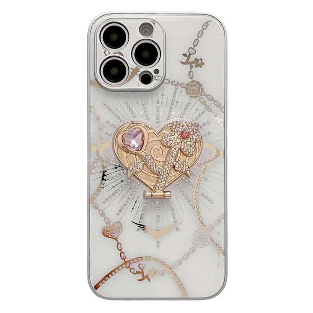 For iPhone 16 Pro Max Case Kickstand TPU+PC Rhinestones Decor Phone Cover - White