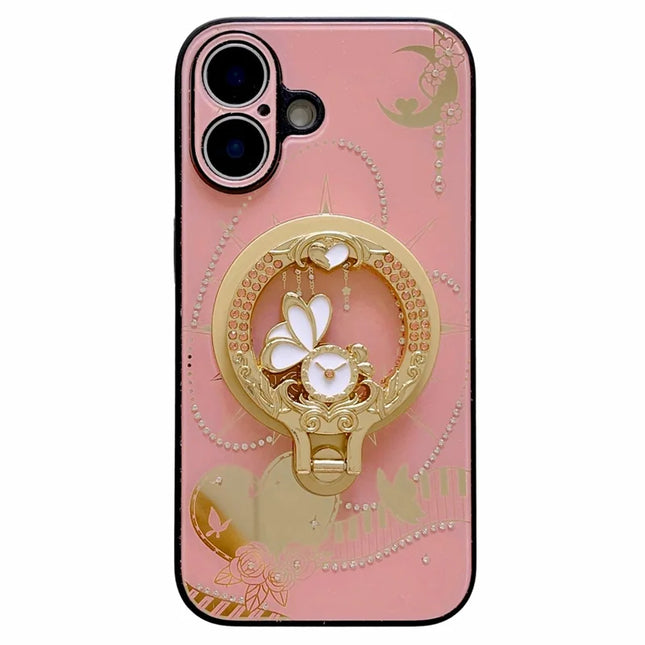 For iPhone 16 Plus Magnetic Case Kickstand TPU+PC Rhinestones Decor Phone Cover - Pink