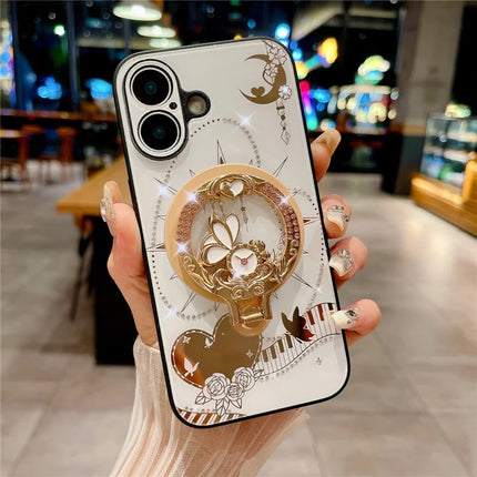 For iPhone 16 Plus Magnetic Case Kickstand TPU+PC Rhinestones Decor Phone Cover