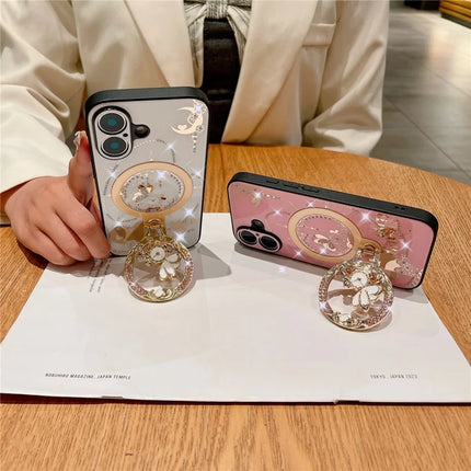 For iPhone 16 Plus Magnetic Case Kickstand TPU+PC Rhinestones Decor Phone Cover