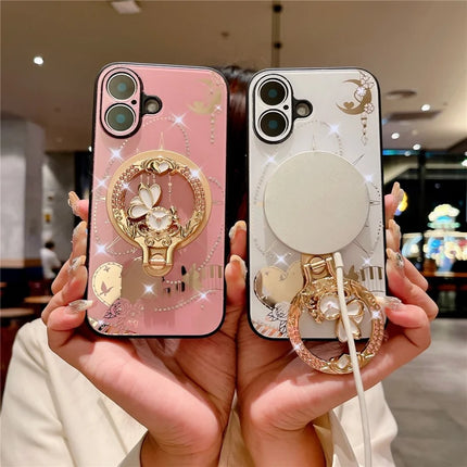 For iPhone 16 Plus Magnetic Case Kickstand TPU+PC Rhinestones Decor Phone Cover