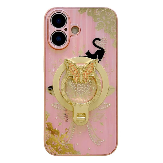 For iPhone 16 Plus Magnetic Case Rhinestones Decor Kickstand Cat Pattern TPU+PC Phone Cover - Pink