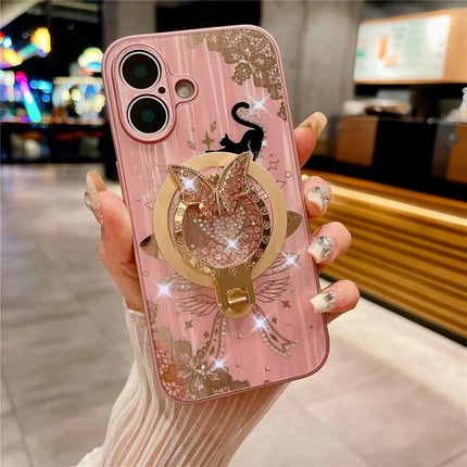 For iPhone 16 Plus Magnetic Case Rhinestones Decor Kickstand Cat Pattern TPU+PC Phone Cover