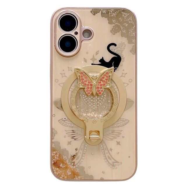 For iPhone 16 Plus Magnetic Case Rhinestones Decor Kickstand Cat Pattern TPU+PC Phone Cover - Gold