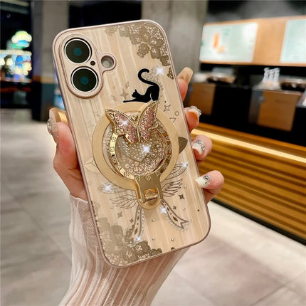 For iPhone 16 Plus Magnetic Case Rhinestones Decor Kickstand Cat Pattern TPU+PC Phone Cover