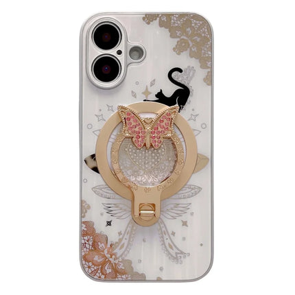 For iPhone 16 Plus Magnetic Case Rhinestones Decor Kickstand Cat Pattern TPU+PC Phone Cover - White