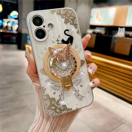 For iPhone 16 Plus Magnetic Case Rhinestones Decor Kickstand Cat Pattern TPU+PC Phone Cover