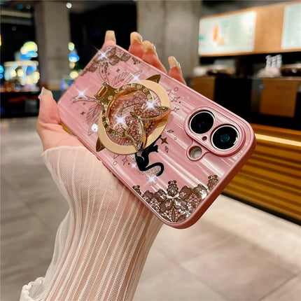 For iPhone 16 Plus Magnetic Case Rhinestones Decor Kickstand Cat Pattern TPU+PC Phone Cover