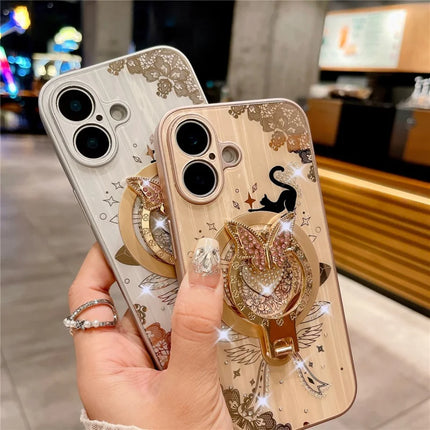 For iPhone 16 Plus Magnetic Case Rhinestones Decor Kickstand Cat Pattern TPU+PC Phone Cover