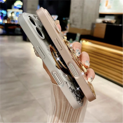 For iPhone 16 Plus Magnetic Case Rhinestones Decor Kickstand Cat Pattern TPU+PC Phone Cover