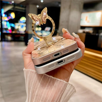 For iPhone 16 Plus Magnetic Case Rhinestones Decor Kickstand Cat Pattern TPU+PC Phone Cover