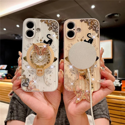 For iPhone 16 Plus Magnetic Case Rhinestones Decor Kickstand Cat Pattern TPU+PC Phone Cover