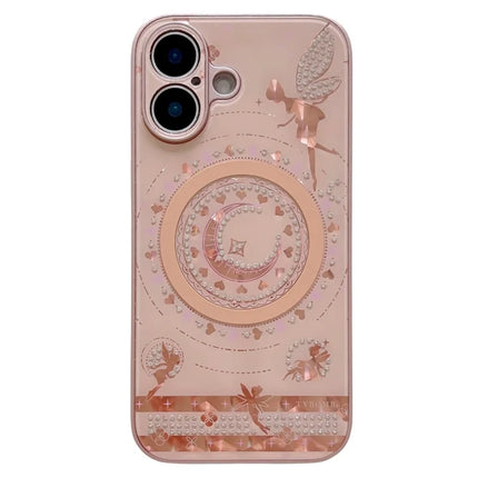 For iPhone 16 Plus Magnetic Case Star Moon Pattern Rhinestones Decor TPU+PC Phone Cover - Gold