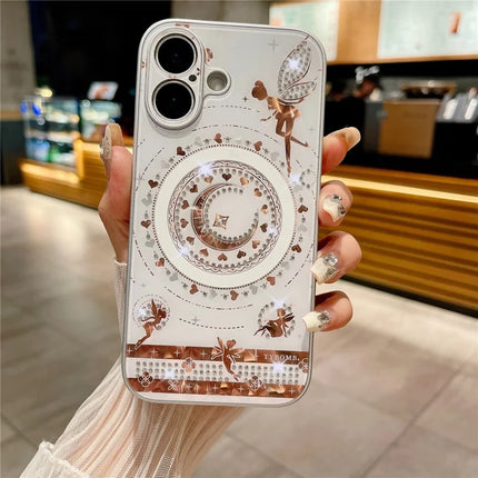 For iPhone 16 Plus Magnetic Case Star Moon Pattern Rhinestones Decor TPU+PC Phone Cover