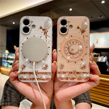 For iPhone 16 Plus Magnetic Case Star Moon Pattern Rhinestones Decor TPU+PC Phone Cover