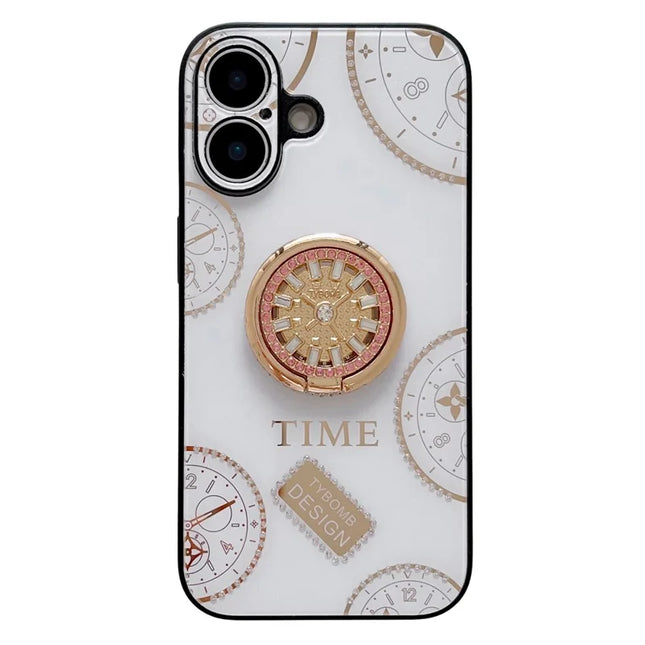 For iPhone 16 Plus Case Clock Motifs TPU+PC Phone Cover with Rhinestones Decor Ring Kickstand - White