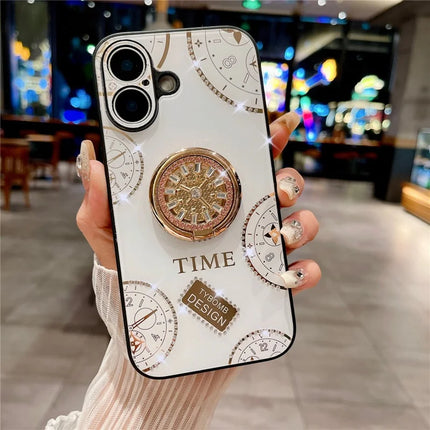For iPhone 16 Plus Case Clock Motifs TPU+PC Phone Cover with Rhinestones Decor Ring Kickstand