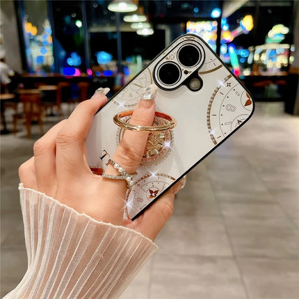 For iPhone 16 Plus Case Clock Motifs TPU+PC Phone Cover with Rhinestones Decor Ring Kickstand