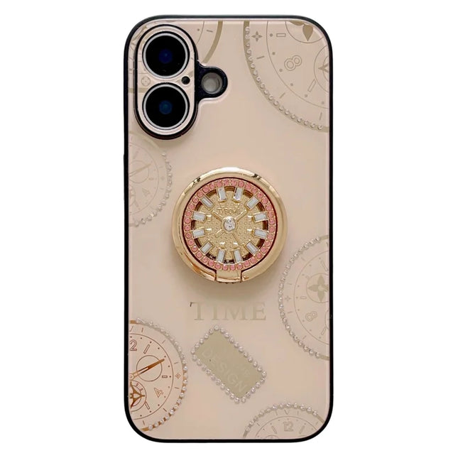 For iPhone 16 Plus Case Clock Motifs TPU+PC Phone Cover with Rhinestones Decor Ring Kickstand - Gold