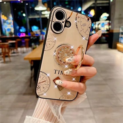 For iPhone 16 Plus Case Clock Motifs TPU+PC Phone Cover with Rhinestones Decor Ring Kickstand