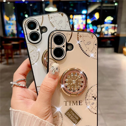 For iPhone 16 Plus Case Clock Motifs TPU+PC Phone Cover with Rhinestones Decor Ring Kickstand