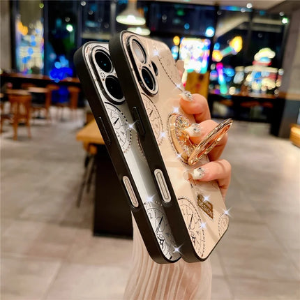 For iPhone 16 Plus Case Clock Motifs TPU+PC Phone Cover with Rhinestones Decor Ring Kickstand