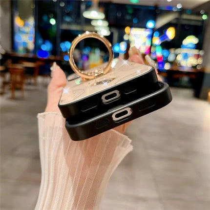 For iPhone 16 Plus Case Clock Motifs TPU+PC Phone Cover with Rhinestones Decor Ring Kickstand