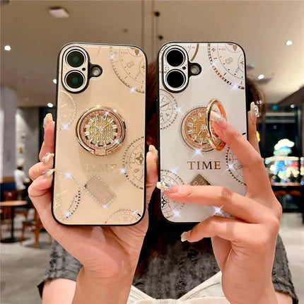 For iPhone 16 Plus Case Clock Motifs TPU+PC Phone Cover with Rhinestones Decor Ring Kickstand