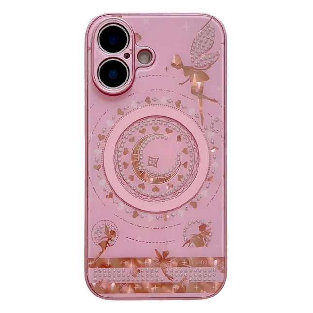 For iPhone 16 Magnetic Case Star Moon Pattern Rhinestones Decor TPU+PC Phone Cover - Pink