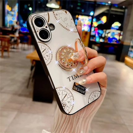 For iPhone 16 Case Clock Motifs TPU+PC Phone Cover with Rhinestones Decor Ring Kickstand