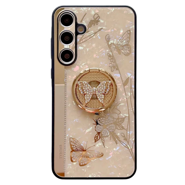 For Samsung Galaxy A15 4G / 5G Case  Rhinestones Decor Kickstand TPU+PC Butterfly Floral Phone Cover - Gold