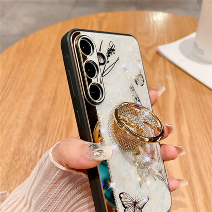 For Samsung Galaxy A55 5G Case Rhinestones Decor Kickstand TPU+PC Butterfly Floral Phone Cover