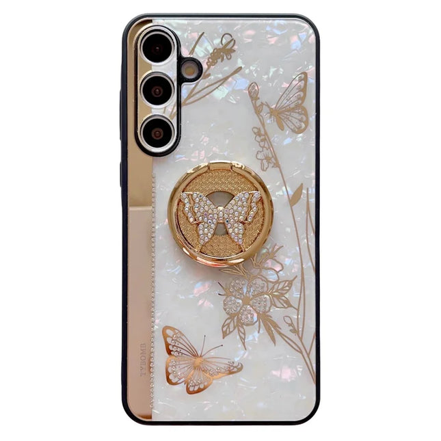 For Samsung Galaxy A54 5G Case Rhinestones Decor Kickstand TPU+PC Butterfly Floral Phone Cover - White