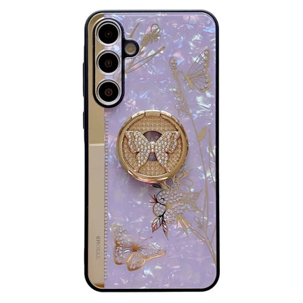 For Samsung Galaxy A54 5G Case Rhinestones Decor Kickstand TPU+PC Butterfly Floral Phone Cover - Purple