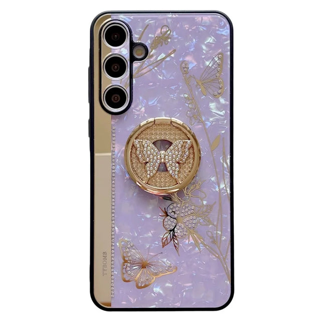 For Samsung Galaxy A54 5G Case Rhinestones Decor Kickstand TPU+PC Butterfly Floral Phone Cover - Purple