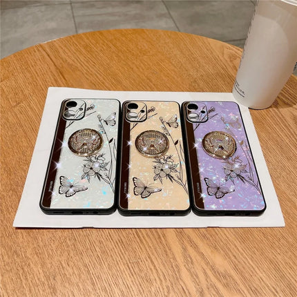 For Samsung Galaxy A06 Case Rhinestones Decor Kickstand TPU+PC Butterfly Floral Phone Cover