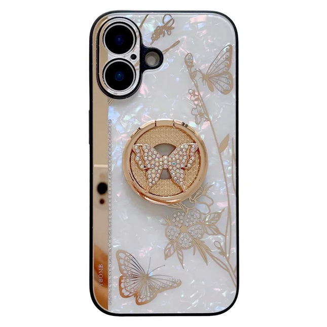 For iPhone 16 Plus Case Rhinestones Decor Kickstand TPU+PC Butterfly Floral Phone Cover - White