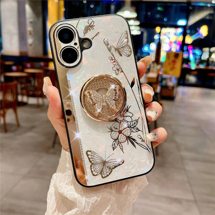 For iPhone 16 Plus Case Rhinestones Decor Kickstand TPU+PC Butterfly Floral Phone Cover