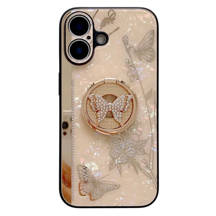 For iPhone 16 Plus Case Rhinestones Decor Kickstand TPU+PC Butterfly Floral Phone Cover - Gold